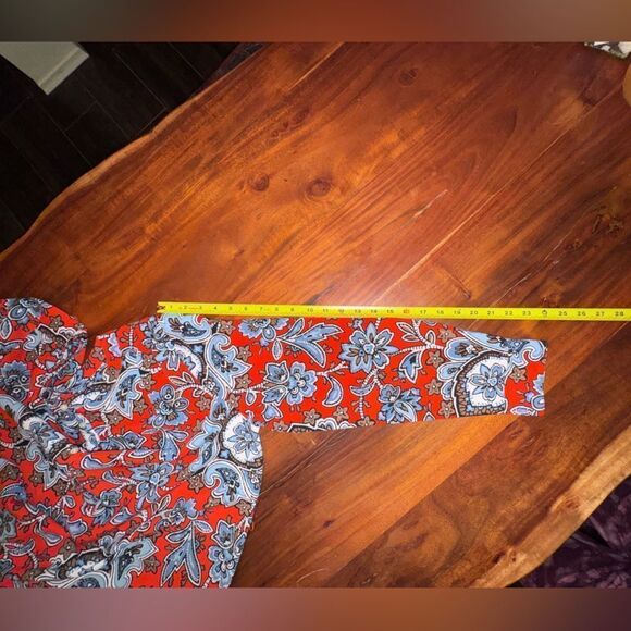 Loft-Anne Taylor Red Blue Brown Floral Long Sleeve Smock Tunic-Henley style sz L - Picture 10 of 16